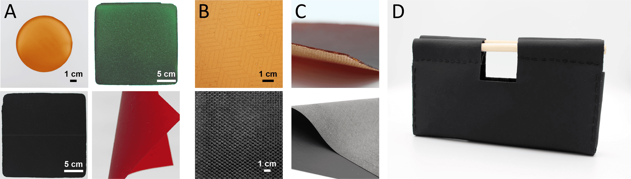 Figure 6.Colored, patterned, and layered mycelium-based nonwoven sheets. (A) Mycelium sheets with 20% sorbitol, with and without colorants. (B) Textured mycelium sheets with 60% mycelium, 20% NFC, and 20% sorbitol, with and without colorants. (C) Mycelium sheets with cotton textile backing. (D) Prototype of an accessory bag prepared from mycelium-based nonwoven with textile backing and a wooden handle.
