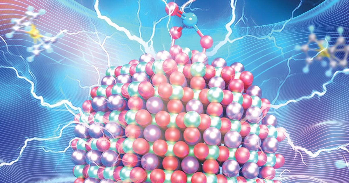 An abstract depiction of molecules and atoms, showcasing colorful spheres and electric currents against a blue background.