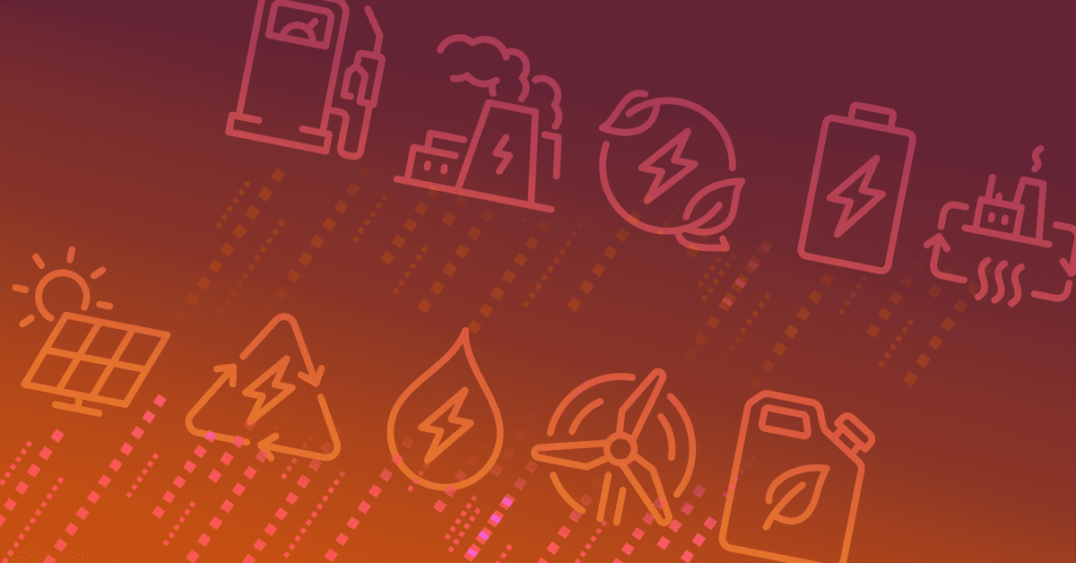 Icons representing various energy and environmental themes, such as a gas pump, factory, recycling, battery, solar panel, recycling symbol, water droplet, wind turbine, and fuel container.