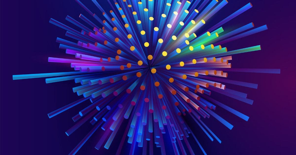 An abstract 3D illustration of multicolored light beams and small dots radiating outward from a central point against a dark purple background.