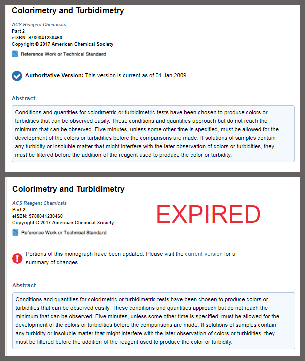 Monographs have clear 'Authoritative Version' markings for the current version just under the title information (top panel) and 'Expired' markings for the outdated versions (bottom panel). Click to enlarge.