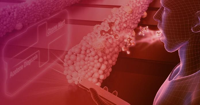 A digital rendering of a human figure interacting with molecular structures and holographic data displays in a red-tinted environment.