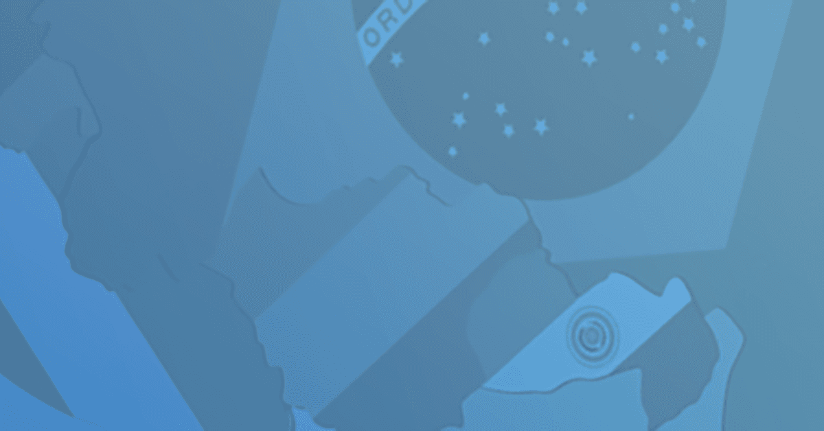 Blue-tinted abstract illustration featuring a map of South America with the Brazilian flag in the background.