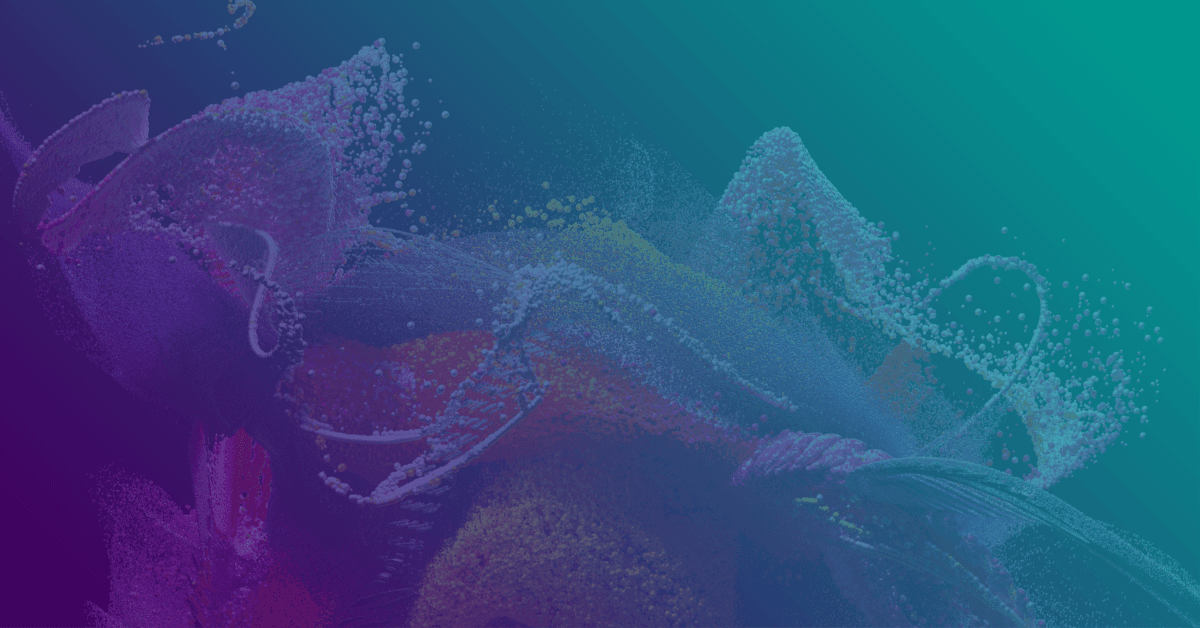 Abstract digital artwork with swirling patterns of vibrant pink, purple, and teal hues, featuring textured bubbles and waves on a dark gradient background.