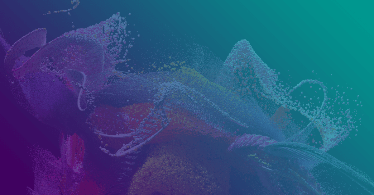 Abstract digital artwork with swirling patterns of vibrant pink, purple, and teal hues, featuring textured bubbles and waves on a dark gradient background.