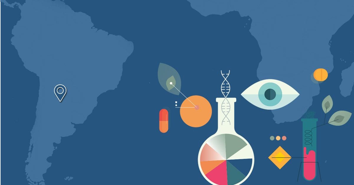 Illustrated map of South America featuring icons representing drug discovery, data analysis, and laboratory research.