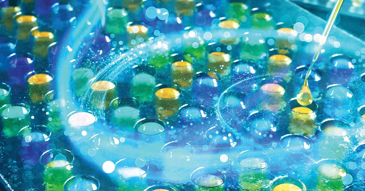 A close-up digital rendering of a fluorescent biosensor. Shades of blue, yellow, and green are used to convey a futuristic, dynamic application.