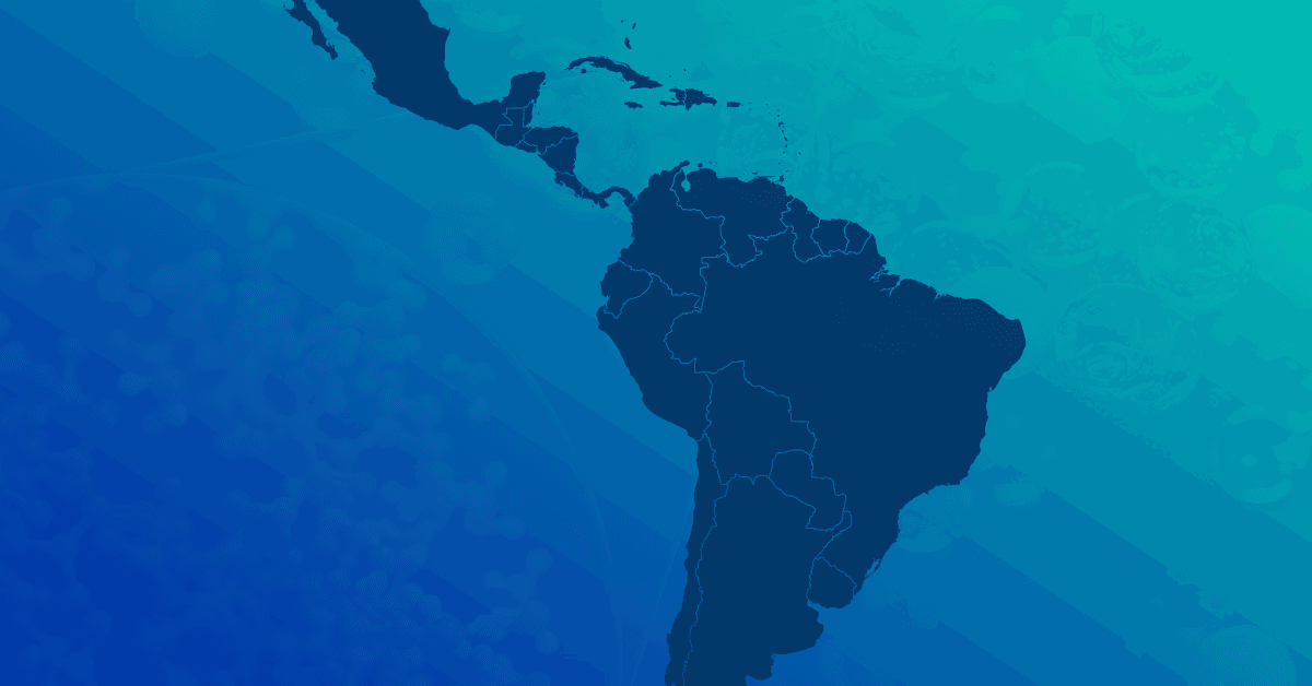 Map of Central and South America on a blue gradient background, featuring outlines of countries and abstract scientific elements.