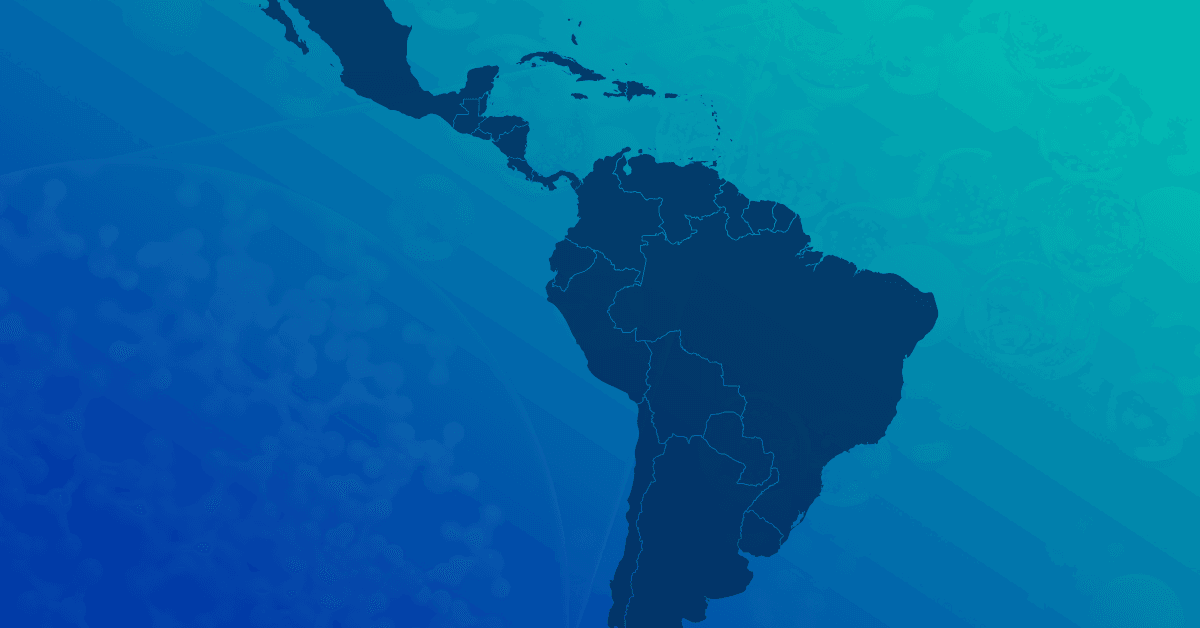 Map of Central and South America on a blue gradient background, featuring outlines of countries and abstract scientific elements.