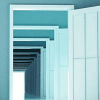A long teal corridor lined with open white doors, each frame smaller than the last, leading toward a glowing light at the end.