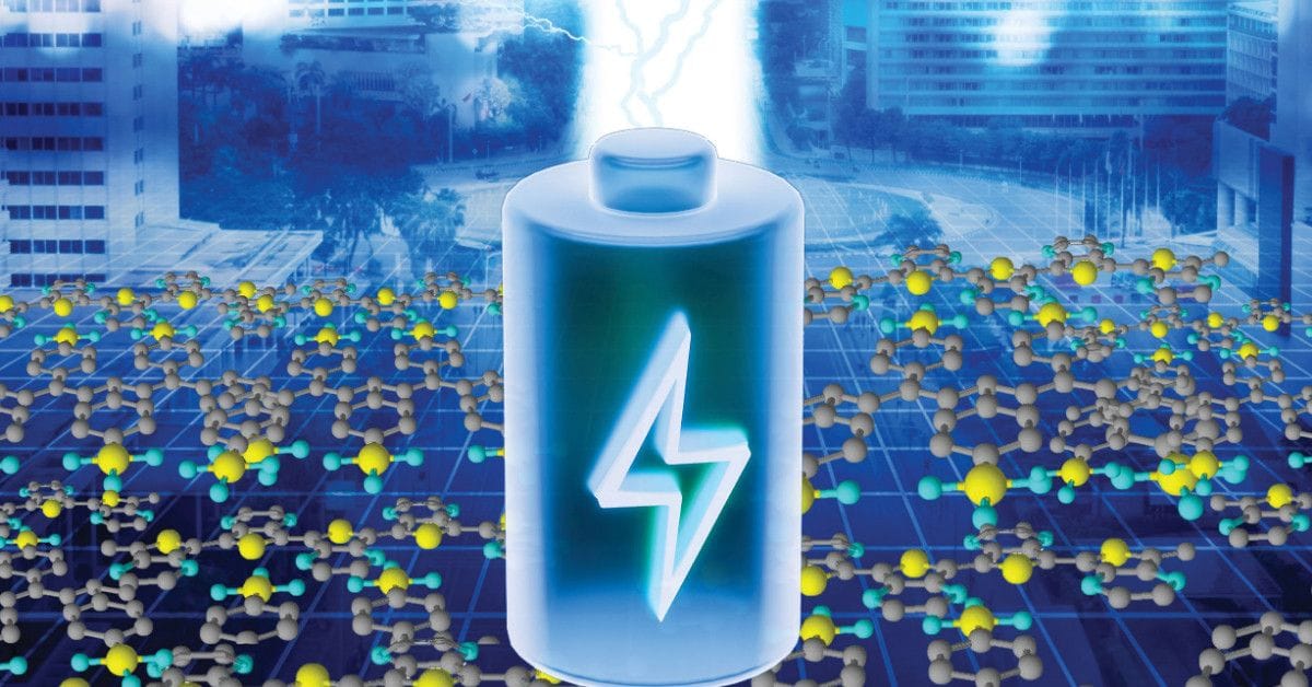 Conceptual illustration of a glowing battery with a lightning symbol, hovering above a layered molecular material, representing advanced energy storage or battery charging in an urban environment.