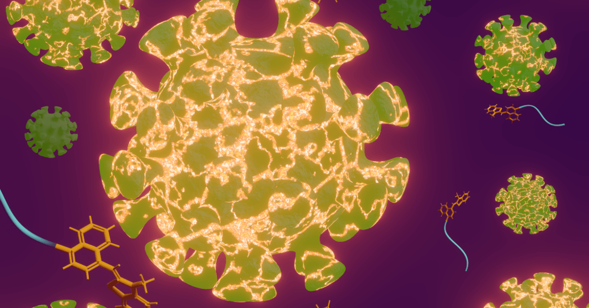 Illustration of a large glowing virus particle surrounded by smaller viruses on a purple background.