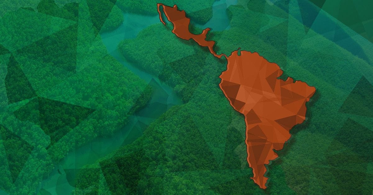 A stylized map of Latin America shown in orange over a green aerial forest background.