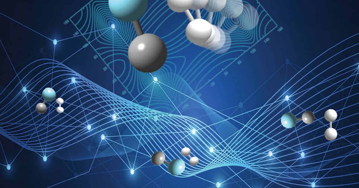 A conceptual image showing molecular models interacting with wave‑like grids and network lines, representing molecular magnetism or theoretical modeling.