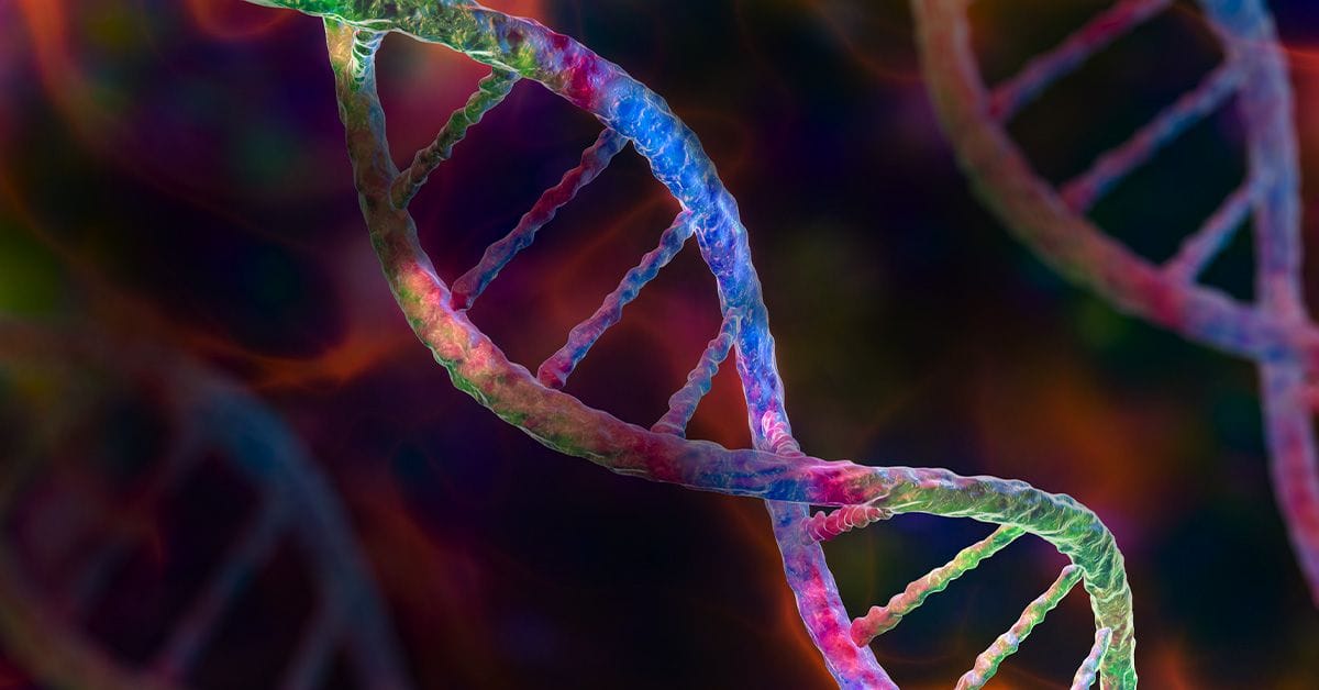 A close up of a colorful dna strand.