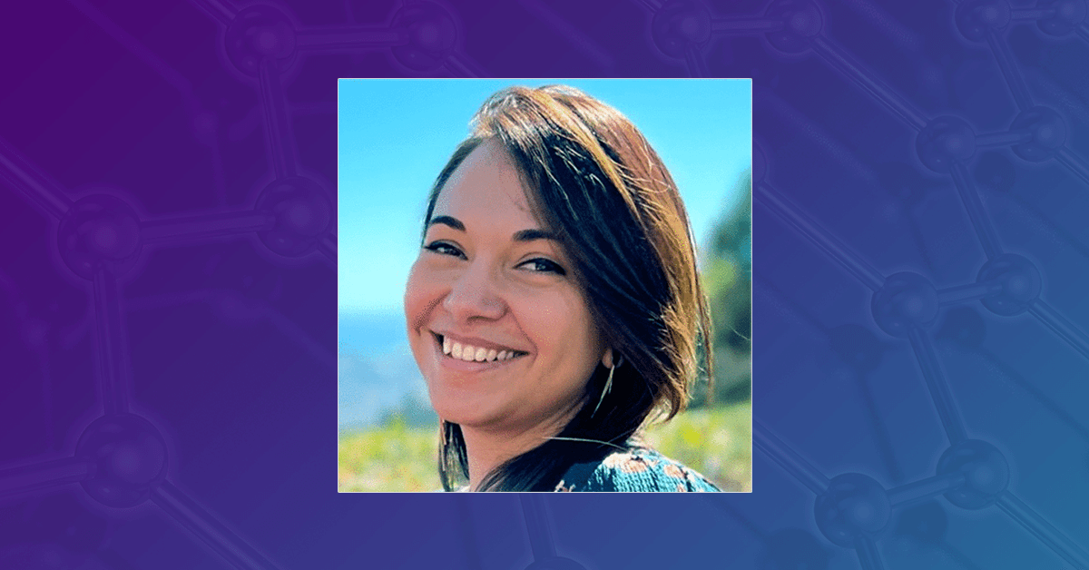 A headshot of Dr. Karen de la Vega-Hernández overlaid on a purple and blue abstract background with scientific elements.