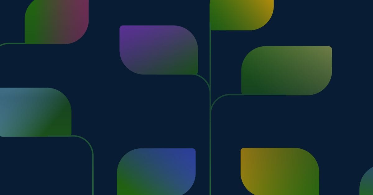 An Abstract graphic of rounded, leaf‑like shapes in green, blue, yellow, and purple arranged in a branching pattern on a dark blue background.