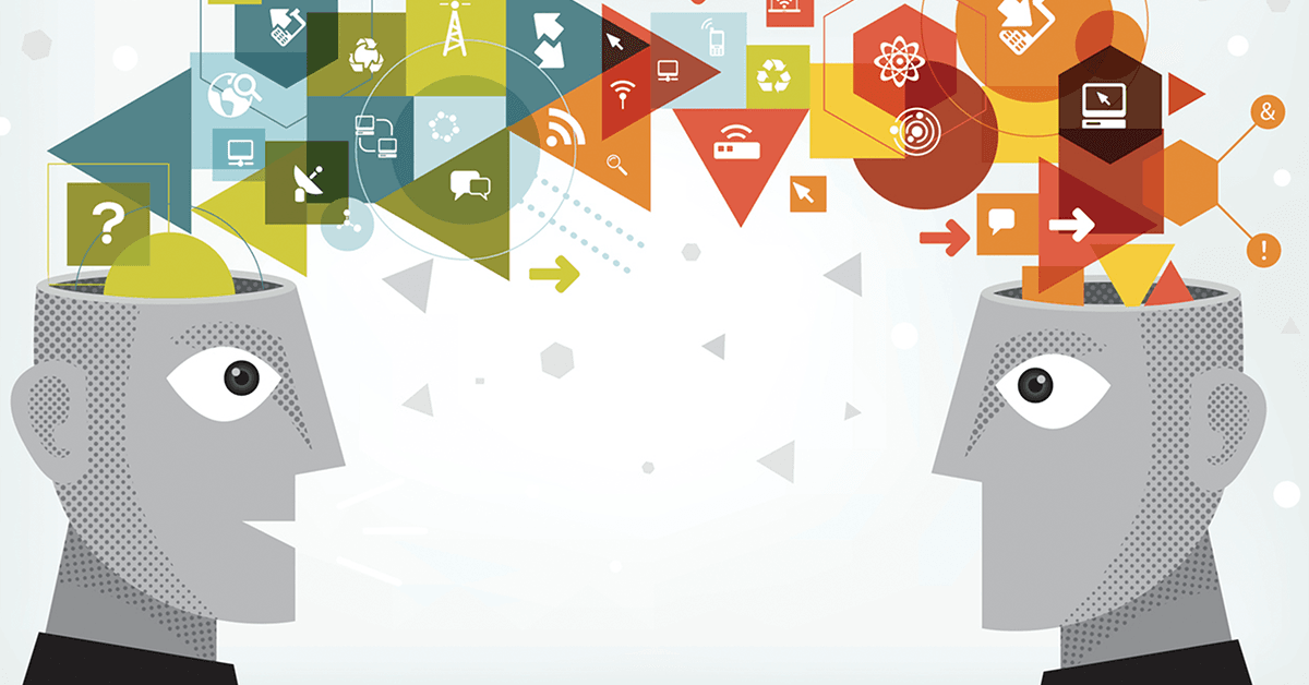 Two stylized human profiles facing each other, with colorful abstract icons and shapes flowing between their open heads.