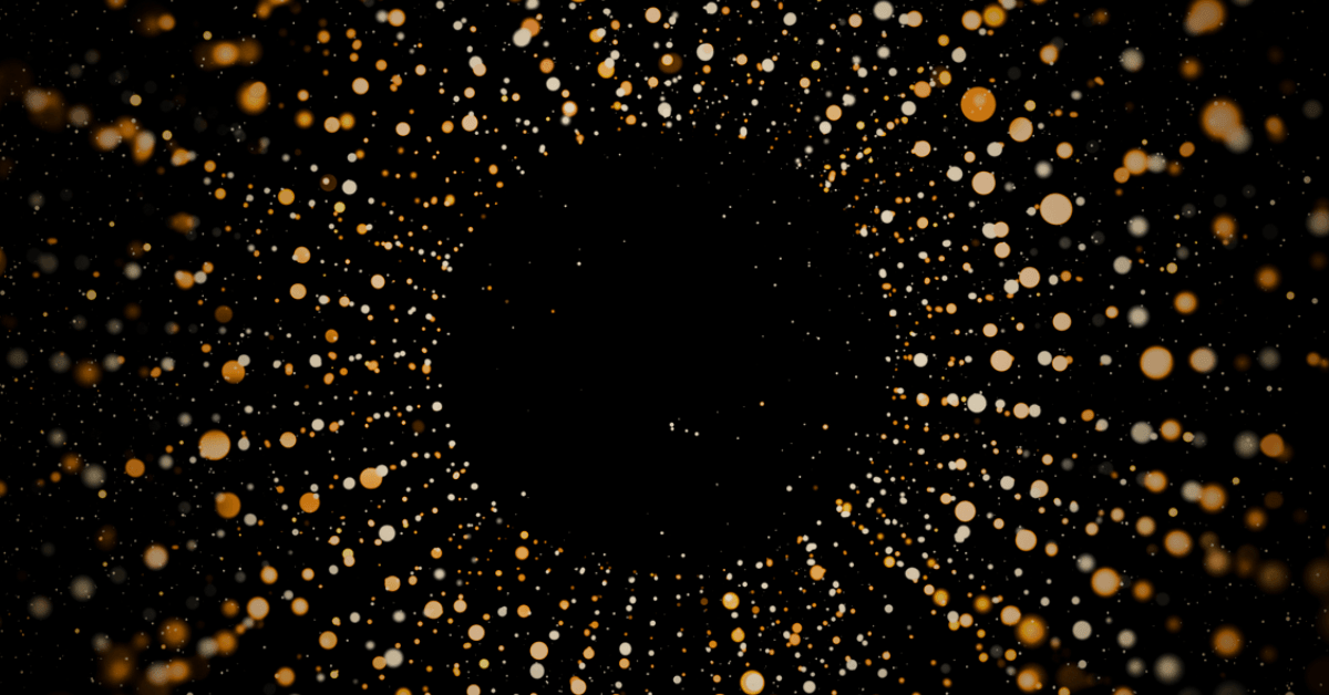 A swirling pattern of golden and white dots radiates outward from a central black void, evoking a sense of deep space and cosmic energy.