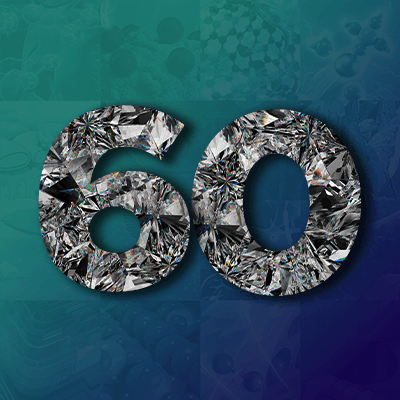 Stylized number “60” rendered with a faceted, diamond‑like texture on a teal and blue abstract background.
