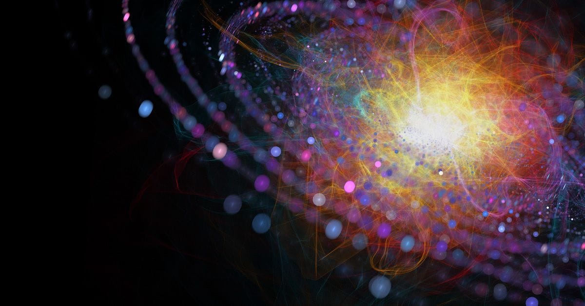 Colorful cosmic swirl consisting of bright, vibrant lines and dots against a dark background, resembling a galaxy or nebula explosion.