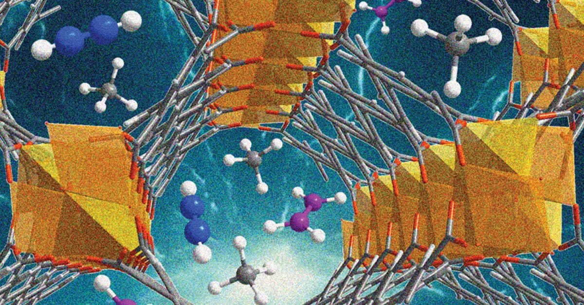 A Porous, lattice-like nanomaterial structure with interconnected rods and geometric nodes, with small molecules floating inside its central channel.