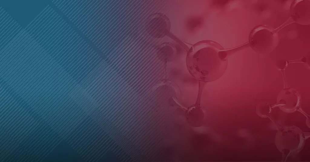 Abstract background with molecular structure and geometric shapes in red and blue tones.