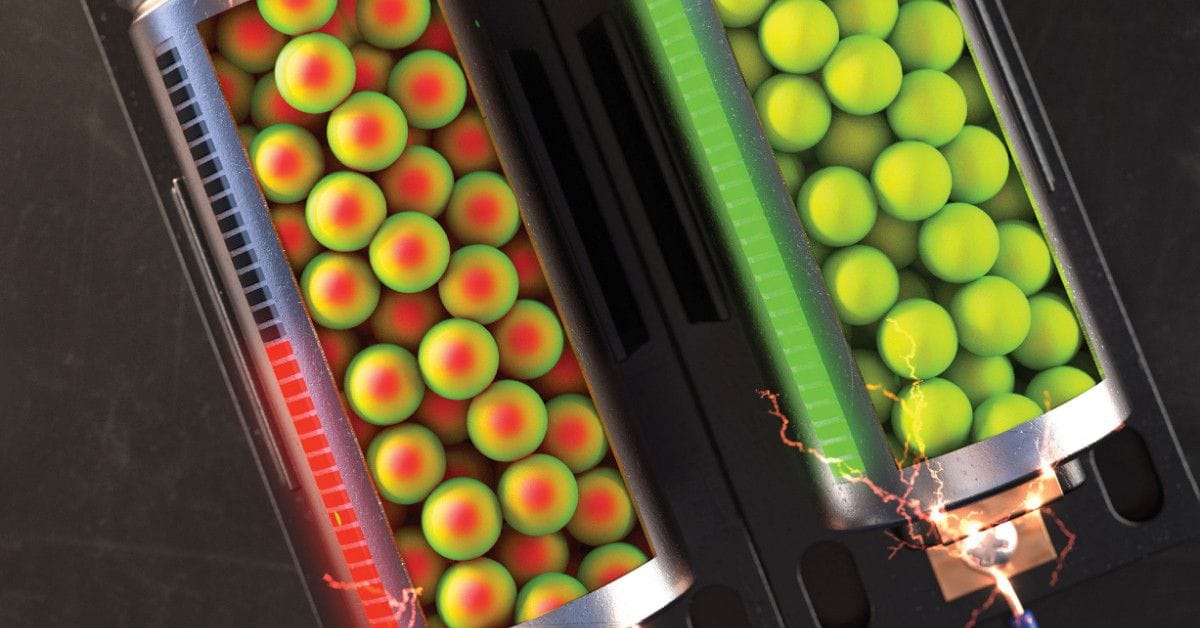 A close-up digital illustration of lithium-ion batteries and the chemical processes taking place inside of them.