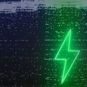 Neon green lightning bolt on a blue and green gradient background with a pixelated effect.
