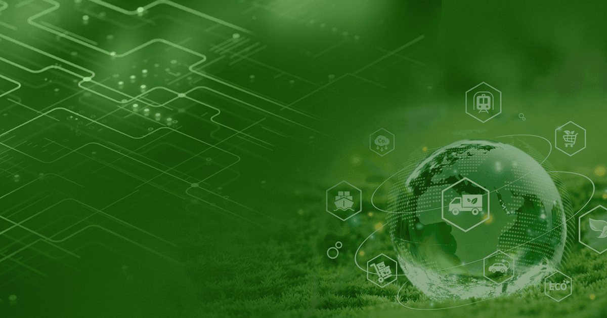 A green-themed digital landscape featuring a globe surrounded by eco-friendly icons.