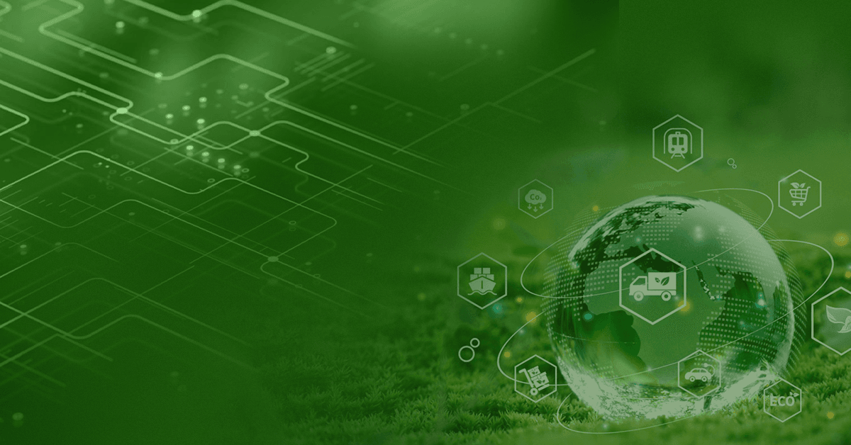 A green-themed digital landscape featuring a globe surrounded by eco-friendly icons.