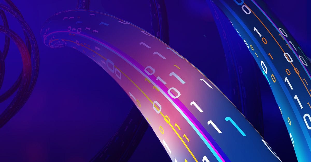 abstract digital artwork depicting fiber optic cables with binary code