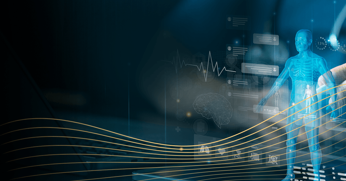 Abstract digital illustration showing a translucent human figure with floating medical data and waveform graphics.