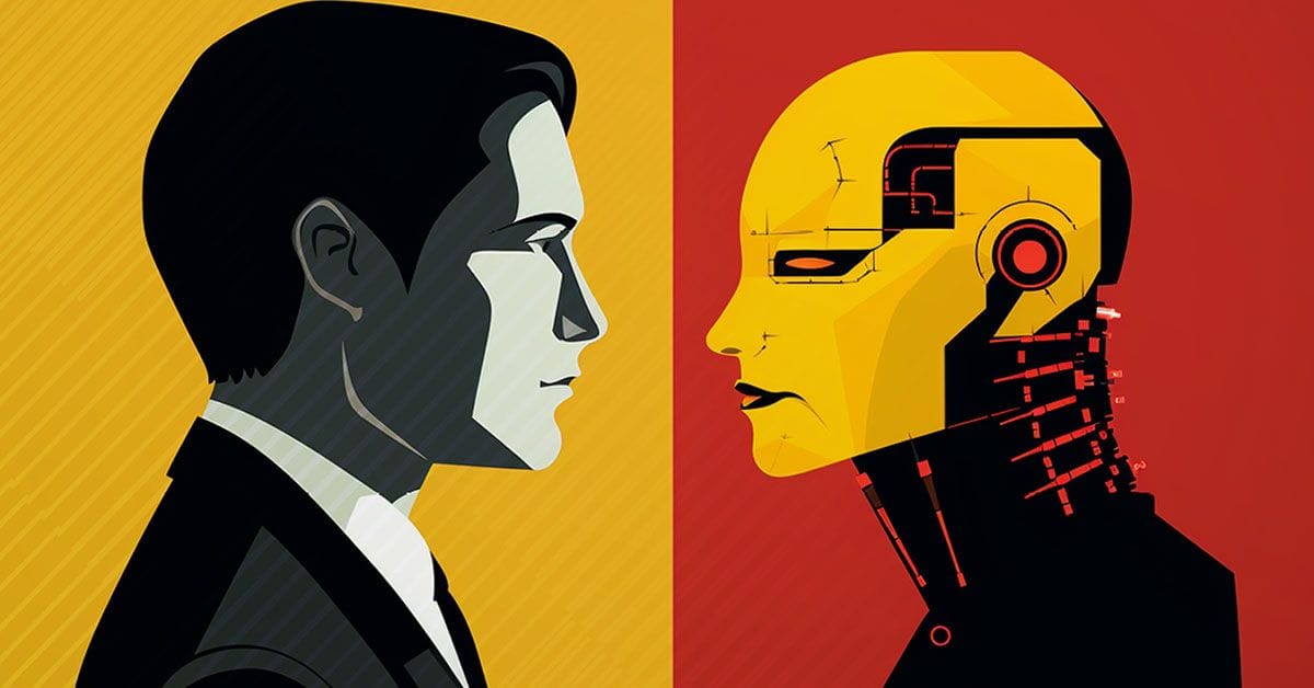 A man and an AI robot face each other.