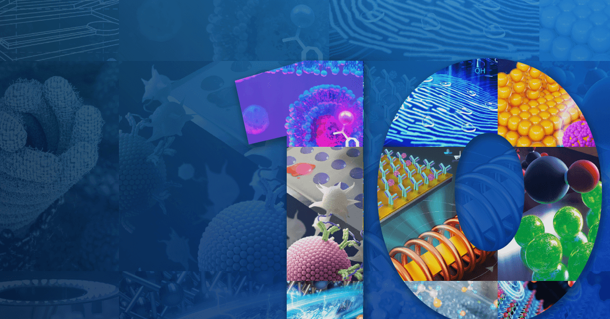 A vibrant collage of scientific imagery, featuring cells, molecules, and patterns, forms the number 10 against a blue background.