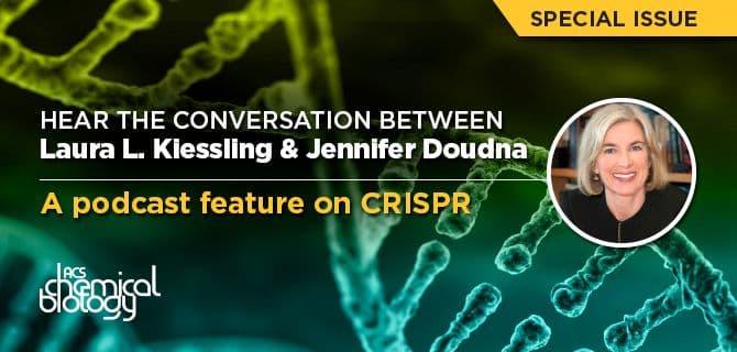 Advertisement for a podcast feature on CRISPR with a photo of a person, titled "Special Issue" from ACS Chemical Biology.