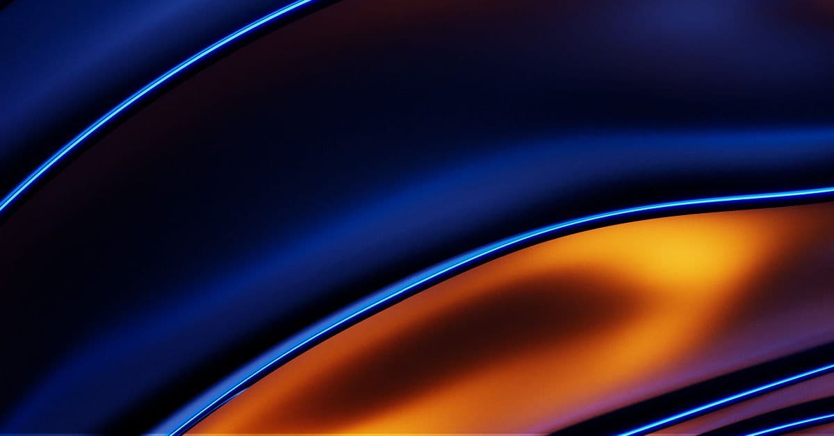 An Abstract design featuring smooth, flowing curves in deep blue and vibrant orange, accented by glowing blue lines.