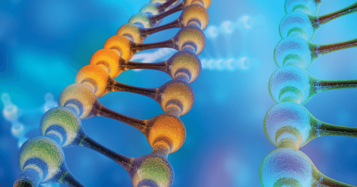 3D scientific illustration of a DNA double helix with orange, green, and purple nucleotides spiraling against a blue background, representing DNA nanotechnology research.