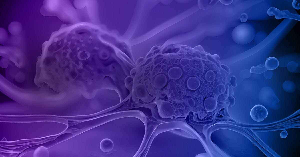 A close-up, abstract image of cells with a vibrant purple and blue color gradient, showing intricate details and textures.