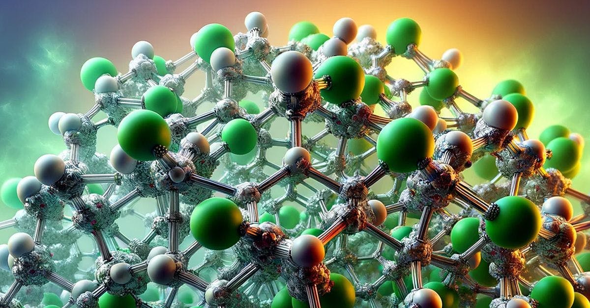 A colorful, artistic representation of a molecular structure with spherical atoms connected by bonds.
