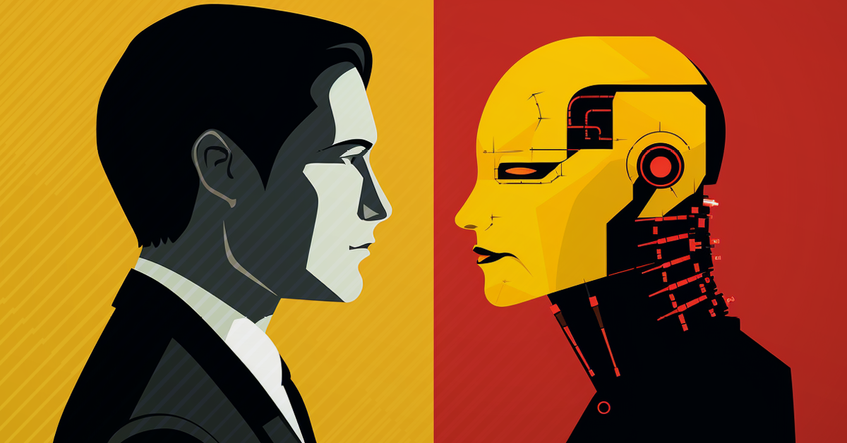 A man and an AI robot face each other.