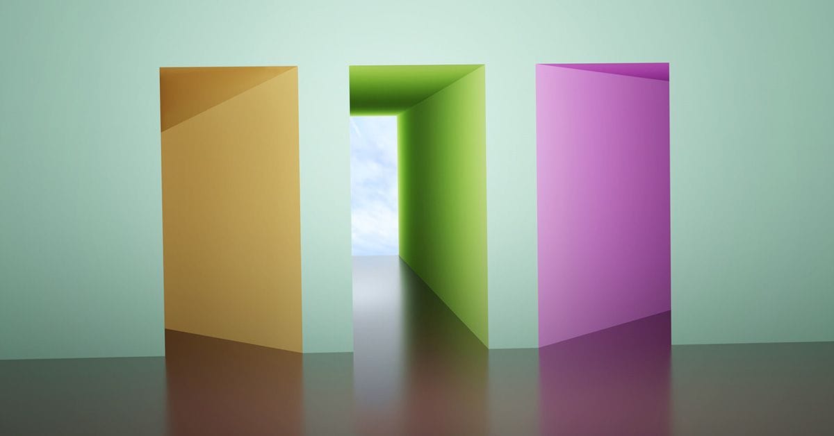 A cluster of three doorways, orange, green, and red, with the middle (green) doorway open to the other side