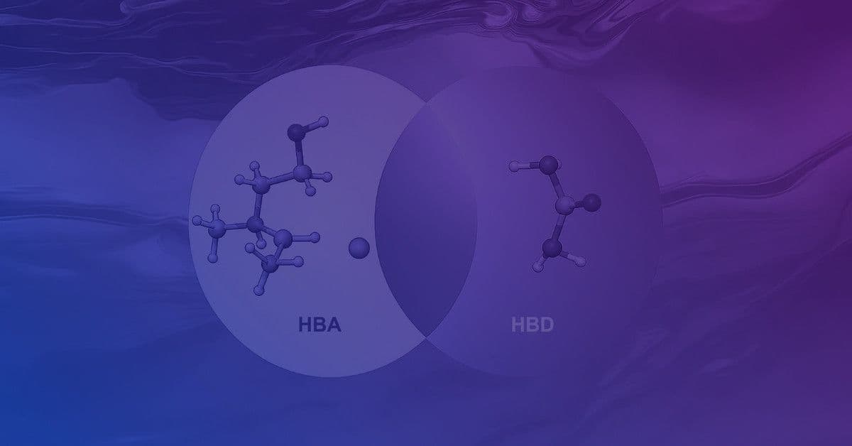 A Venn diagram illustrating HBA (Hydrogen Bond Acceptor) and HBD (Hydrogen Bond Donor) with molecular structures in a gradient background.