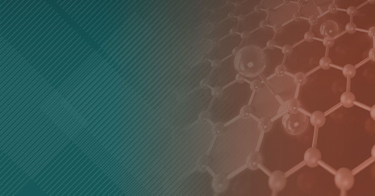 Abstract background with a gradient from dark red to teal, featuring a stylized molecular structure overlay on the right side.