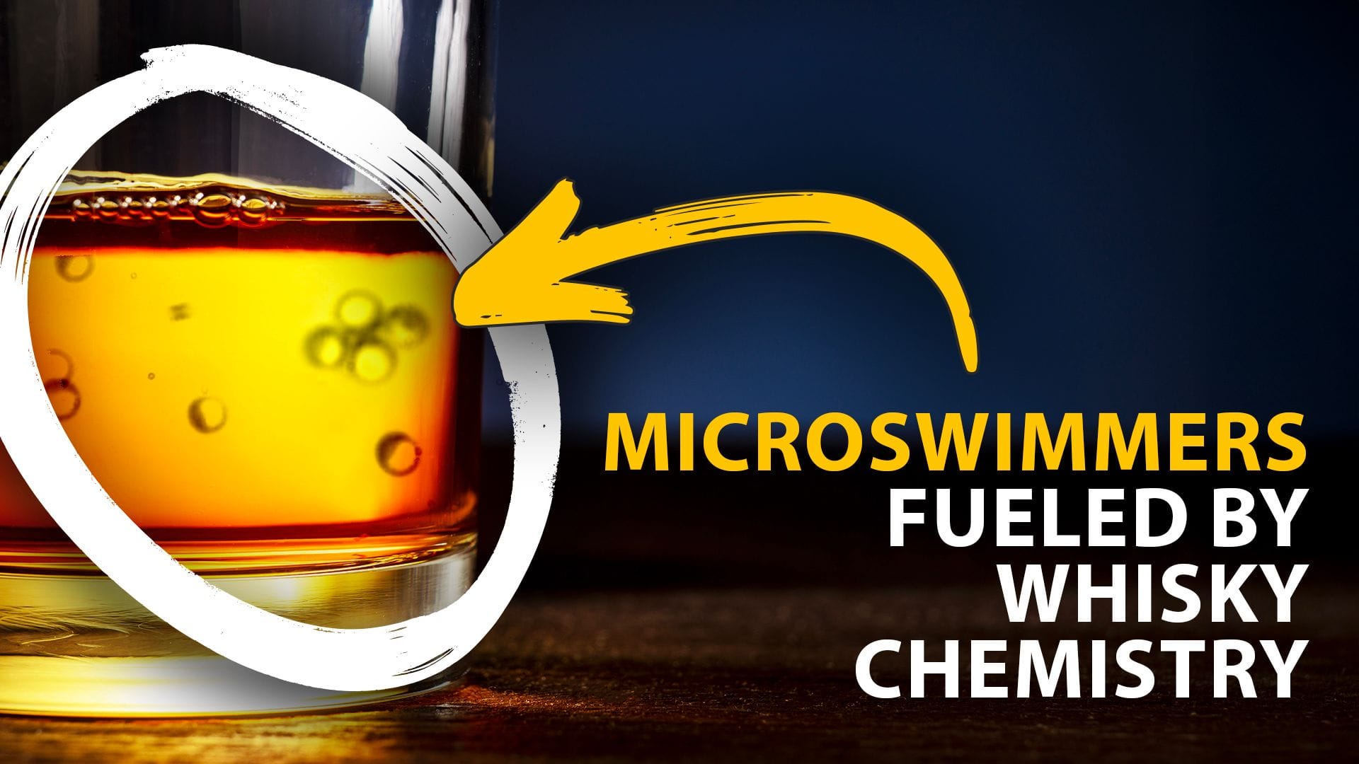 Close-up of a glass of whiskey with small circular particles visible inside, highlighted by a drawn circle and arrow, alongside text reading “Microswimmers Fueled by Whisky Chemistry.”