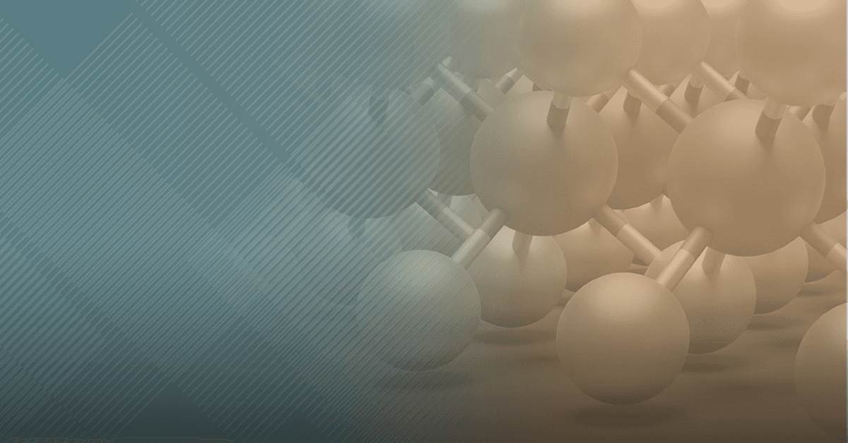 Abstract digital artwork of molecules with a left-to-right blue-orange color shift