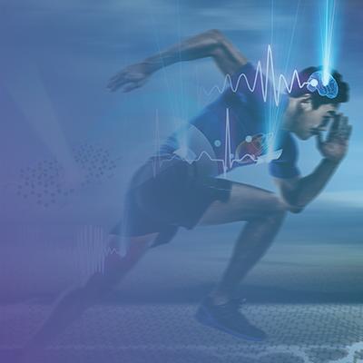 A man sprinting forward with a digital overlay of heartbeat and brainwaves, symbolizing athletic performance and mental focus.