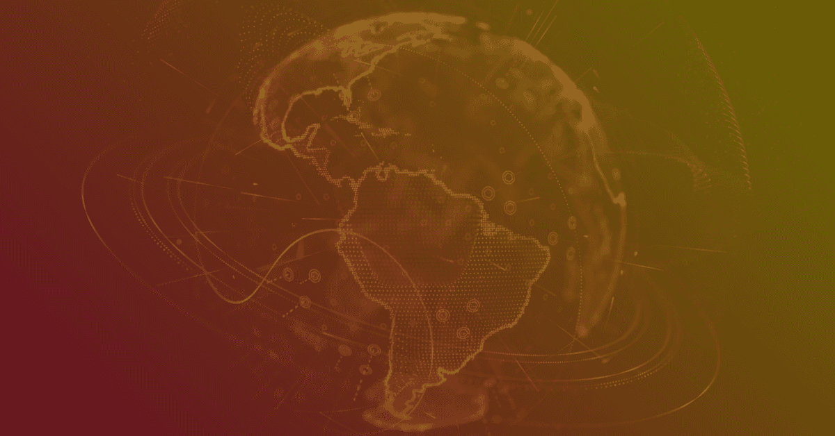 Abstract globe illustration featuring Central and South America, with a digital aesthetic and a gradient background in warm colors.