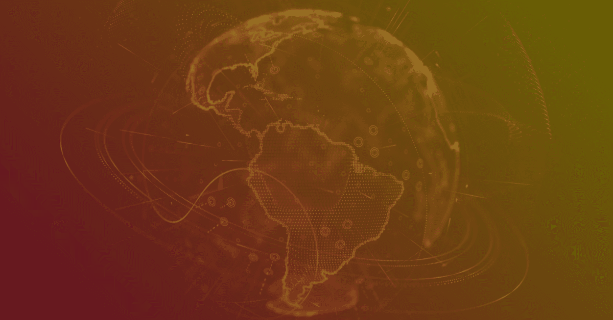 Abstract globe illustration featuring Central and South America, with a digital aesthetic and a gradient background in warm colors.