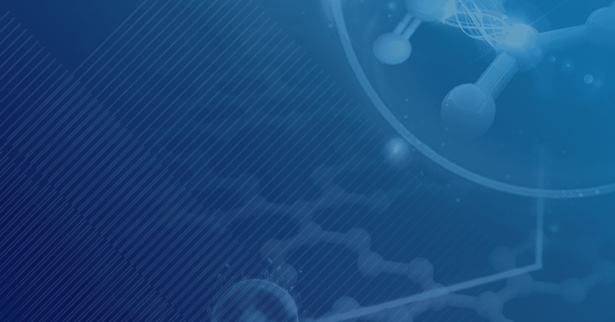 An Abstract digital illustration featuring a blue gradient background with molecular structures and geometric lines, conveying a scientific theme.